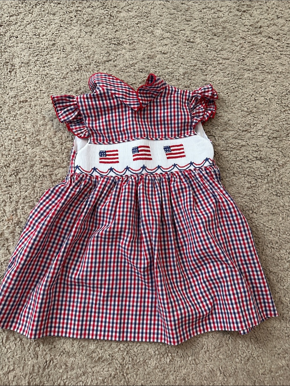 Red, White & Blue Gingham Smocked Baby Dress with smocked American flags